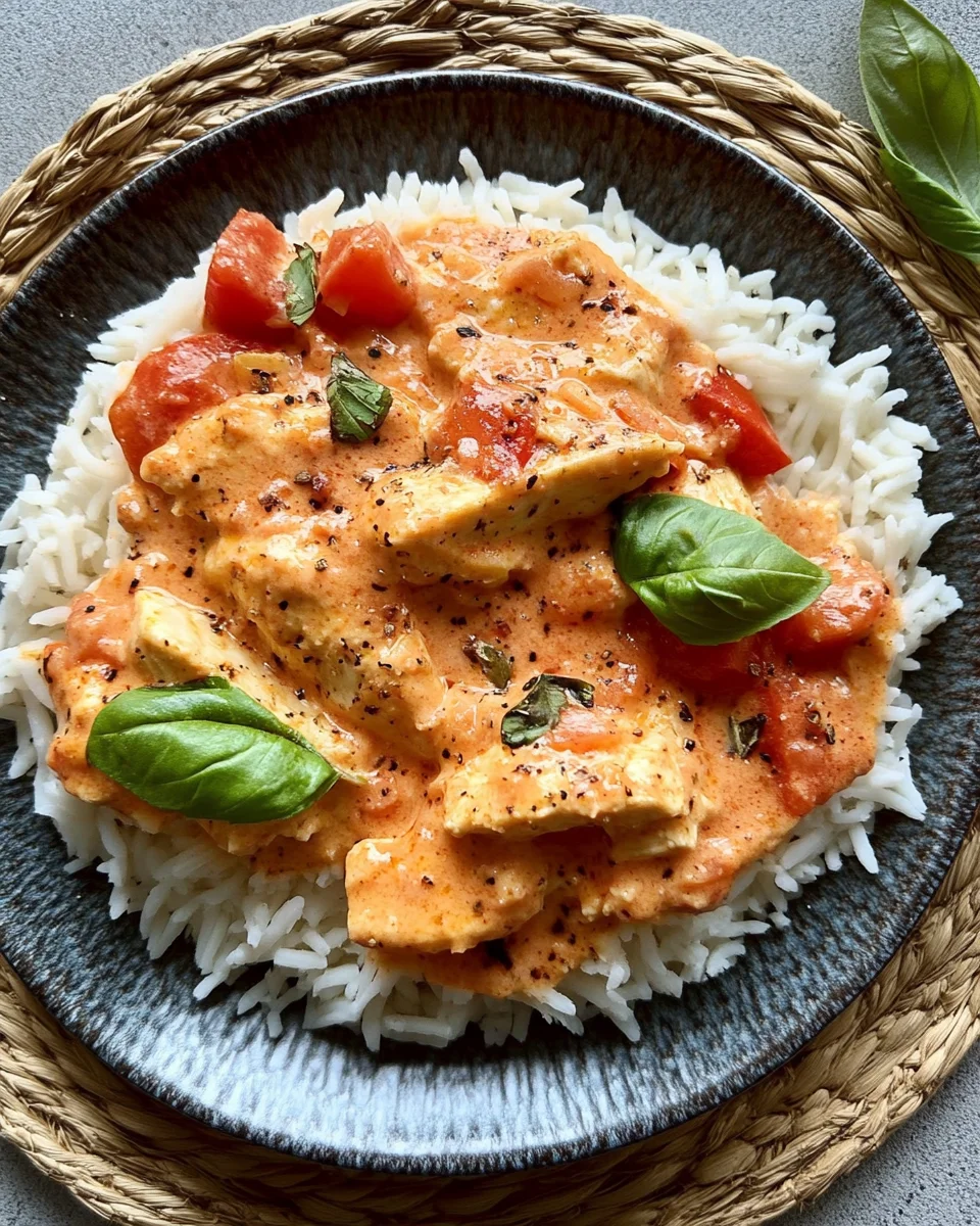 Hähnchen mit Reis und Tomatensoße